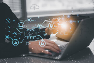 Businessman working laptop computer futuristic diagram network cloud computing stronge data system. interface cloud icon connect data base station operations use artificial intelligence or AI system