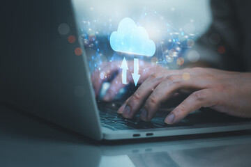 Businessman working laptop computer futuristic diagram network cloud computing stronge data system. interface cloud icon connect data base station operations use artificial intelligence or AI system