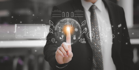 engineer using smart virtual screen,control power generation alternative wind turbine,clean energy...