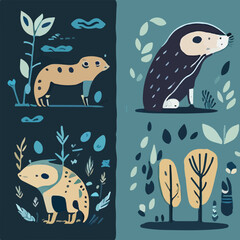 Hand drawn vector abstract graphic cartoon illustrations cards set template with beauty cute minimalistic style wildlife Otter print set. Wild life Otter animal concept design art