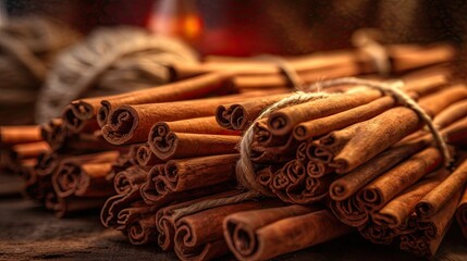Fototapeta na wymiar Closeup shot of tied cinnamon sticks created using generative AI tools