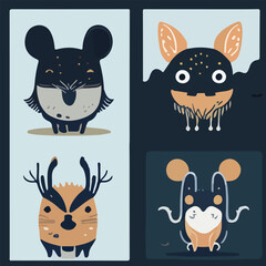 Hand drawn vector abstract graphic cartoon illustrations cards set template with beauty cute minimalistic style wildlife Mouse print set. Wild life Mouse animal concept design art