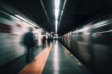 Fototapeta na wymiar People getting off the subway train. Motion blur. City life.
