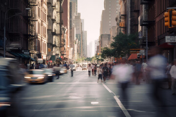 Fototapeta na wymiar Blurred image of people moving in crowded city street. Blur effect