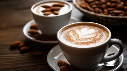 Coffee latte and almond milk. Food photo closeup created using generative AI tools