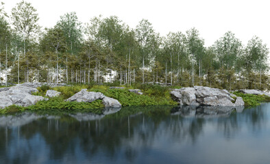 Fototapeta na wymiar Realistic riverbank with vegetation and forest. 3d rendering of isolated objects.
