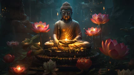 Foto op Plexiglas Lotus flowers and gold buddha statue, generative AI © Kien