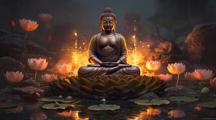 Lotus flowers and gold buddha statue, generative AI - obrazy, fototapety, plakaty