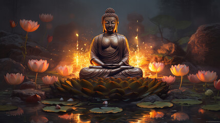 Lotus flowers and gold buddha statue, generative AI