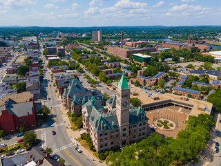 Lowell City Hall and downtown aerial view in downtown Lowell, Massachusetts MA, USA.