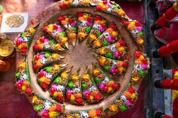 Decorated Bangladeshi Traditional garnish Colorful masala kasturi paan or betel leaf