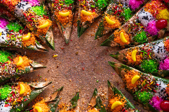 Decorated Bangladeshi Traditional garnish Colorful masala kasturi paan or betel leaf