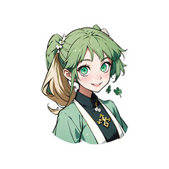 Cute happy anime girl in green - Generative AI