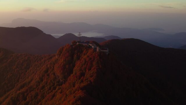 Sunrise vivid colorful aerial of a Sanctuary on the summit of a mountain Italy Sanctuary of Our Lady 'del Monte Sacro'