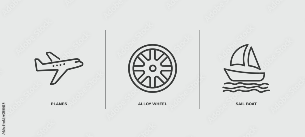 Canvas Prints set of transportation thin line icons. transportation outline icons included planes, alloy wheel, sail boat vector.