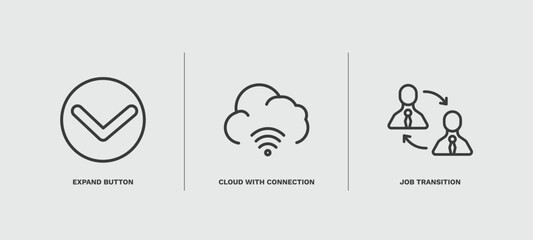set of user interface thin line icons. user interface outline icons included expand button, cloud with connection, job transition vector.