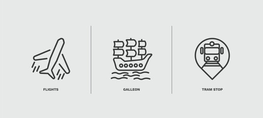 set of transportation thin line icons. transportation outline icons included flights, galleon, tram stop vector. - obrazy, fototapety, plakaty