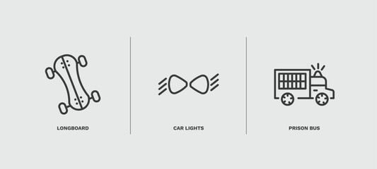 set of transportation thin line icons. transportation outline icons included longboard, car lights, prison bus vector.