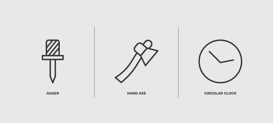 set of tools and utensils thin line icons. tools and utensils outline icons included auger, hand axe, circular clock vector.