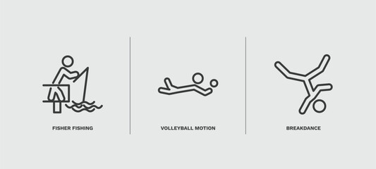 set of sport and game thin line icons. sport and game outline icons included fisher fishing, volleyball motion, breakdance vector.