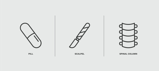 set of medical thin line icons. medical outline icons included pill, scalpel, spinal column vector.