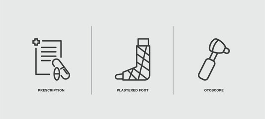 set of medical thin line icons. medical outline icons included prescription, plastered foot, otoscope vector.