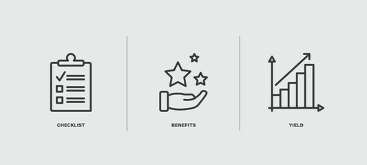set of marketing thin line icons. marketing outline icons included checklist, benefits, yield vector.