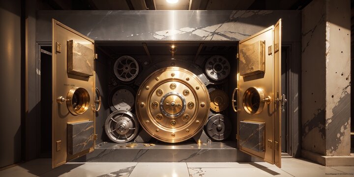 Bank Safe, Safety Deposit Box, Vault, Gold, Marble, Luxury, Generative Ai, Generative, Ai