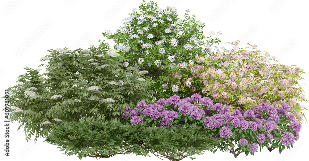 Poster realistic small garden. 3d rendering of isolated objects.