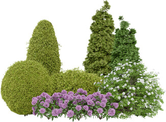 Realistic small garden. 3d rendering of isolated objects.