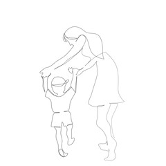 Back side of one young beautiful mother is holding her child hands are leaning to walk together in single line drawing style.Vector isolate flat continue line design of Mother’s Day or Children’s day.