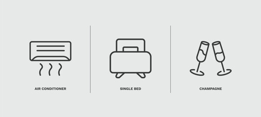 set of hotel and restaurant thin line icons. hotel and restaurant outline icons included air conditioner, single bed, champagne vector.