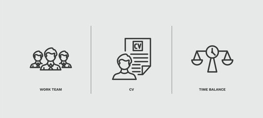 set of human resources thin line icons. human resources outline icons included work team, cv, time balance vector.