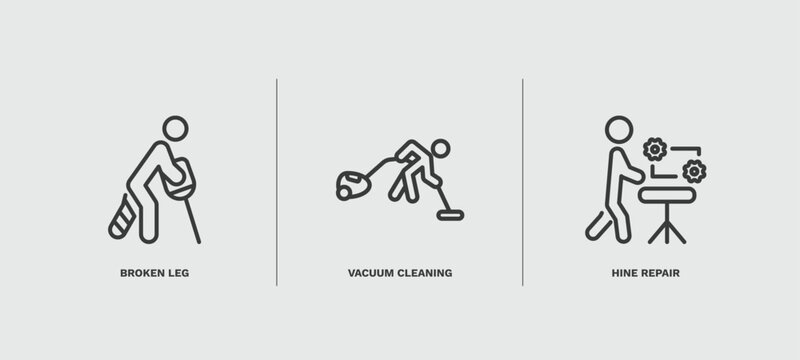 set of humans and behavior thin line icons. humans and behavior outline icons included broken leg, vacuum cleaning, hine repair vector.