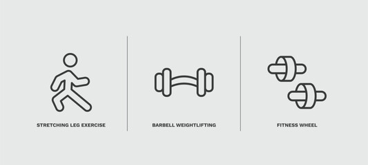 set of fitness and gym thin line icons. fitness and gym outline icons included stretching leg exercise, barbell weightlifting, fitness wheel vector.