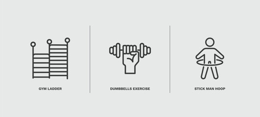 set of fitness and gym thin line icons. fitness and gym outline icons included gym ladder, dumbbells exercise, stick man hoop vector.