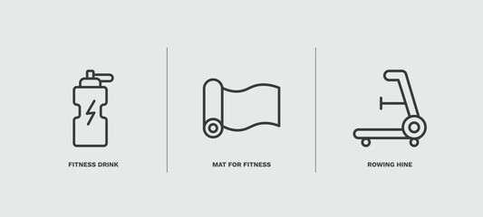 set of fitness and gym thin line icons. fitness and gym outline icons included fitness drink, mat for rowing hine vector.