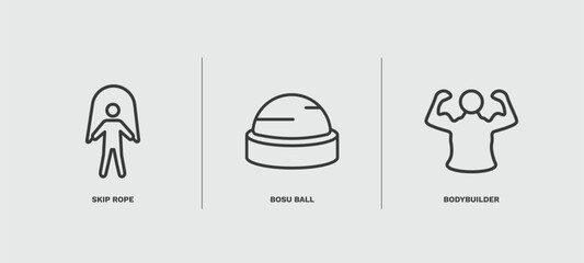 set of fitness and gym thin line icons. fitness and gym outline icons included skip rope, bosu ball, bodybuilder vector.