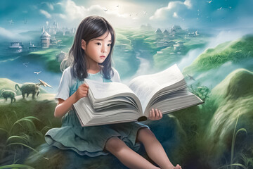Fantasy illustration depicts an Asian girl sitting and reading on a stack of books in a verdant meadow then the world come alive around her. generative AI.
