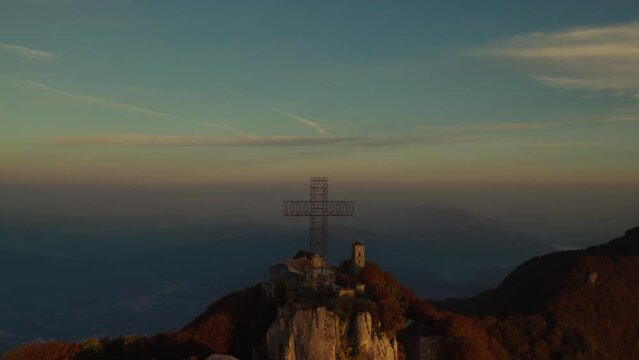 Sunrise vivid colorful aerial of a Sanctuary on the summit of a mountain Italy Sanctuary of Our Lady 'del Monte Sacro'