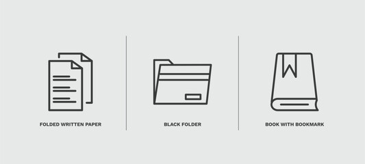 set of education thin line icons. education outline icons included folded written paper, black folder, book with bookmark vector.