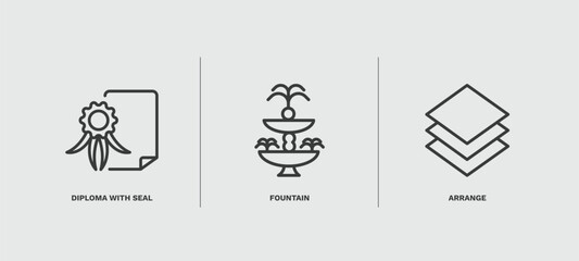 set of education thin line icons. education outline icons included diploma with seal, fountain, arrange vector.