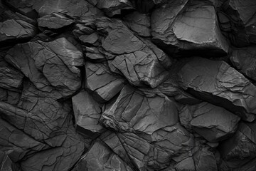 Cracked rock texture. Black white stone background. Grunge. Dark gray rough surface. Close-up. Broken, damaged, collapsed.