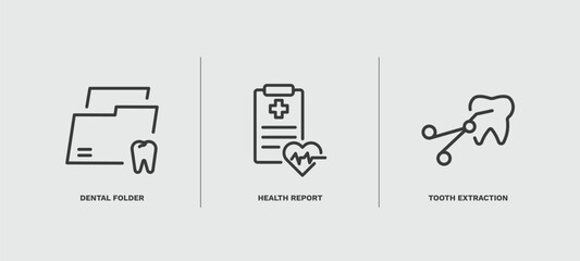 set of dental health thin line icons. dental health outline icons included dental folder, health report, tooth extraction vector.