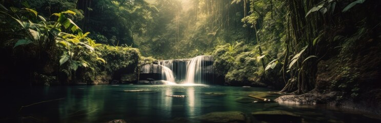 a waterfall in the middle of a lush green forest, sumatraism, morning glow, lagoon, generative ai