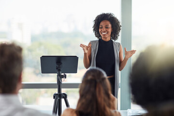 Corporate, businesswoman with presentation and in business meeting in conference room at work. Presenter, happy female speaker and black woman at seminar or workshop speaking with businesspeople - obrazy, fototapety, plakaty