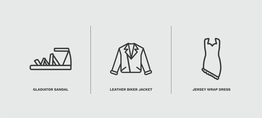 set of clothes and outfit thin line icons. clothes and outfit outline icons included gladiator sandal, leather biker jacket, jersey wrap dress vector.