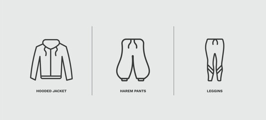 set of clothes and outfit thin line icons. clothes and outfit outline icons included hooded jacket, harem pants, leggins vector.