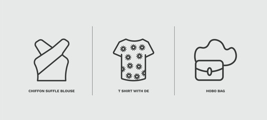 set of clothes and outfit thin line icons. clothes and outfit outline icons included chiffon suffle blouse, t shirt with de, hobo bag vector.
