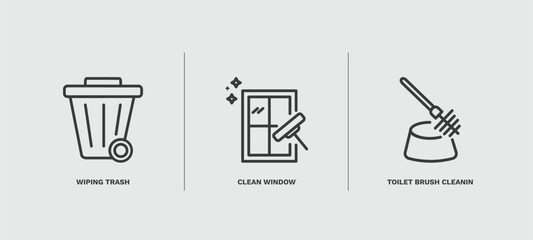 set of cleaning thin line icons. cleaning outline icons included wiping trash, clean window, toilet brush cleanin vector.